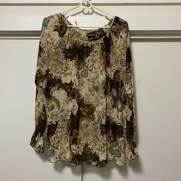 George long sleeve slightly sheer, brown, beige & green blouse, size L - Picture 1 of 9
